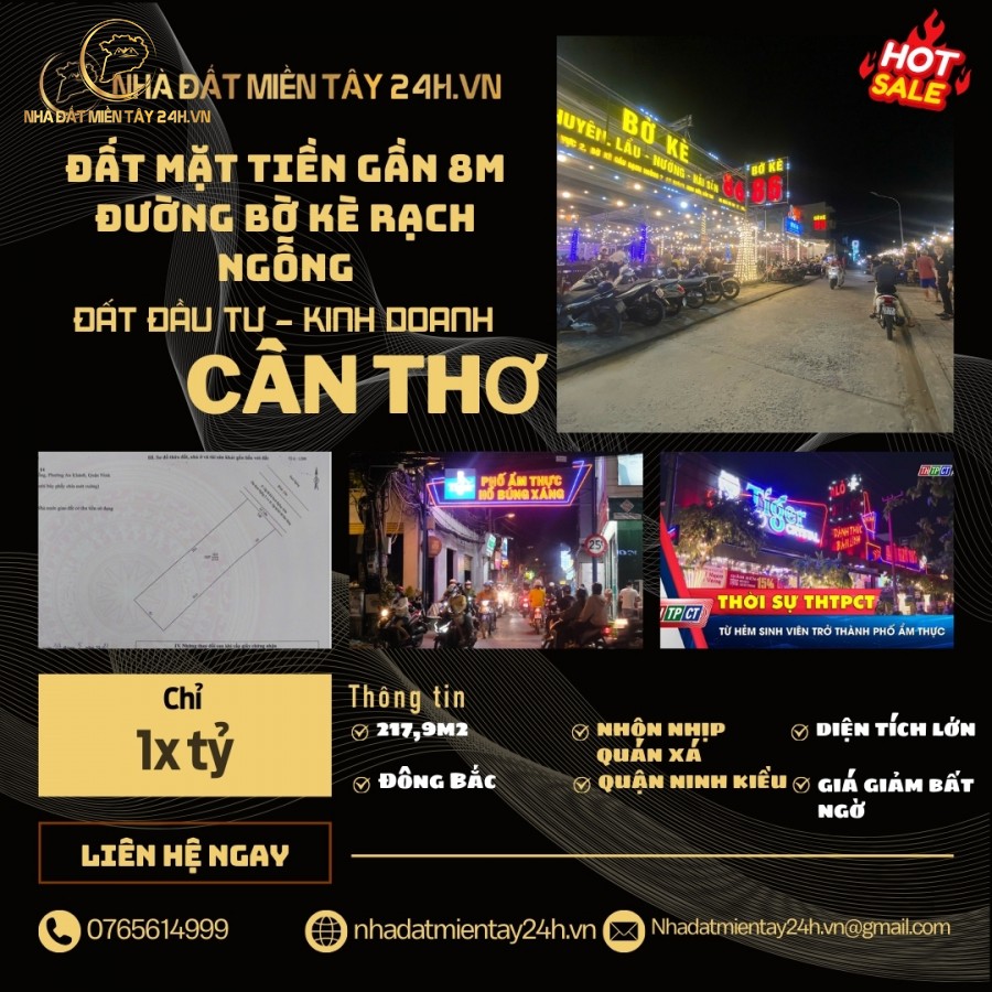 🔥 SIÊU HOT! ĐẤT MẶT TIỀN GẦN 8M ĐƯỜNG BỜ KÈ RẠCH NGỖNG, QUẬN NINH KIỀU, CẦN THƠ – GIÁ CHỈ 1X TỶ! 🔥 (MS: 3326)